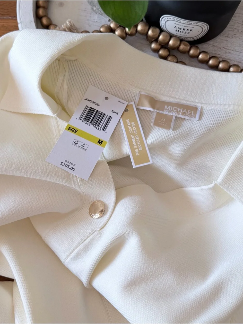 Michael KORS Stretch Signature Viscose Belted Gold Chain Midi Dress Ivory Medium